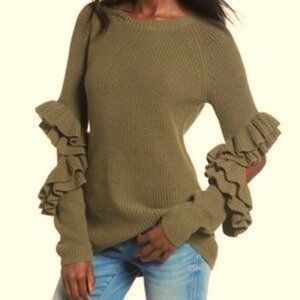 ⭐️ BP Nordstrom Olive Army Green Ruffle Open Elbow Crewneck Sweater SMALL